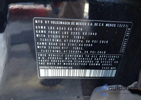 2022 Volkswagen Taos 1.5T S z USA, uszkodzony, nr VIN 3VVDX7B2XNM049149